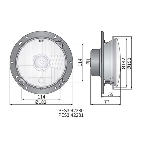 Koplamp H4 Ø182x75 + 12V lampjes en Bevestigingsplaat